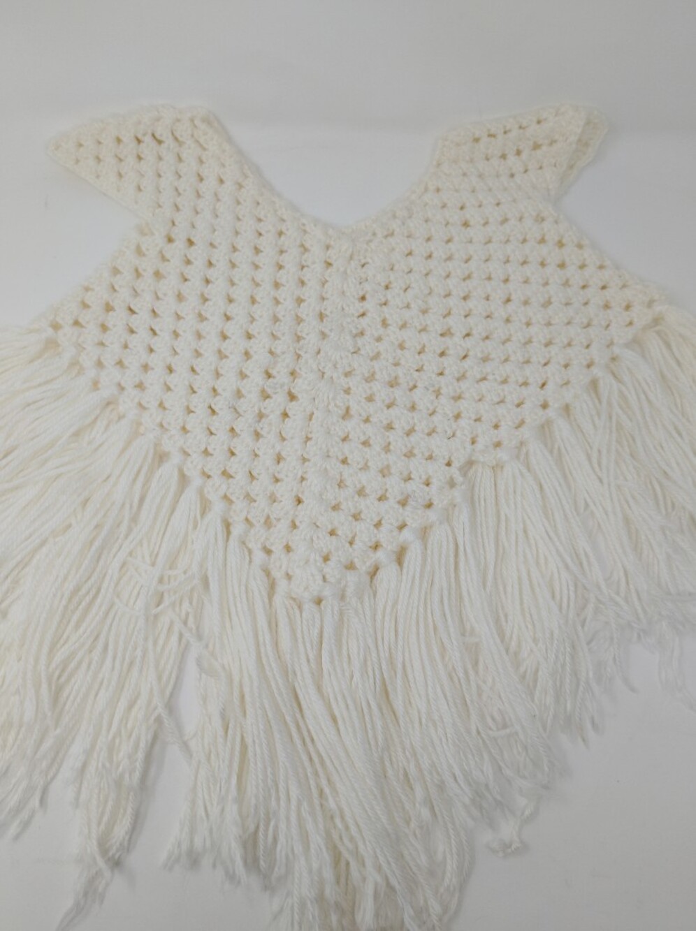 Vintage Kids Cream Crochet Fringe Poncho Boho Festival Knit Capelet